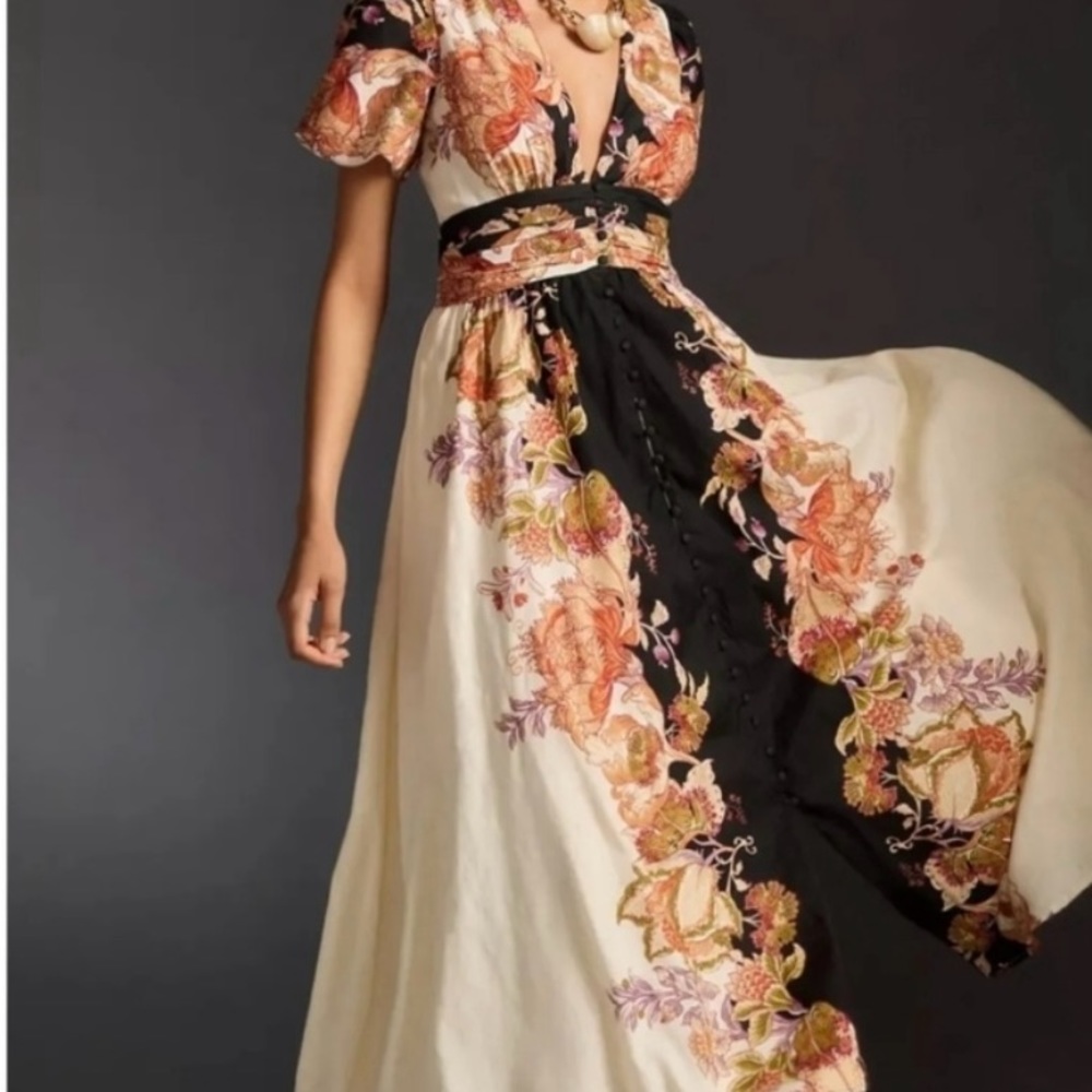 NWT Anthropologie Cream Maxi Dress with Flutter Sleeves and Plunge Neckline